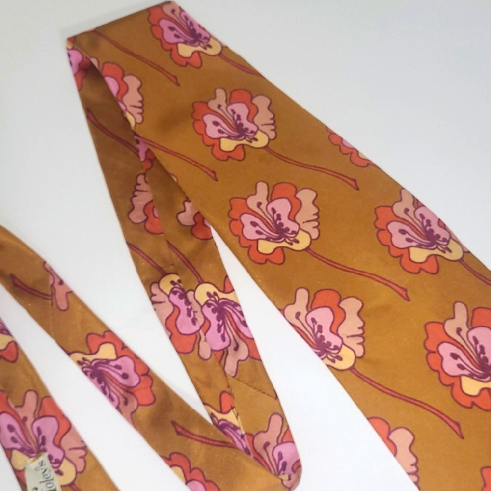 Peter Max Silk Tie Signed Pop Art Bronze Orange Pink Hibiscus Floral Print Retro - Picture 3 of 8
